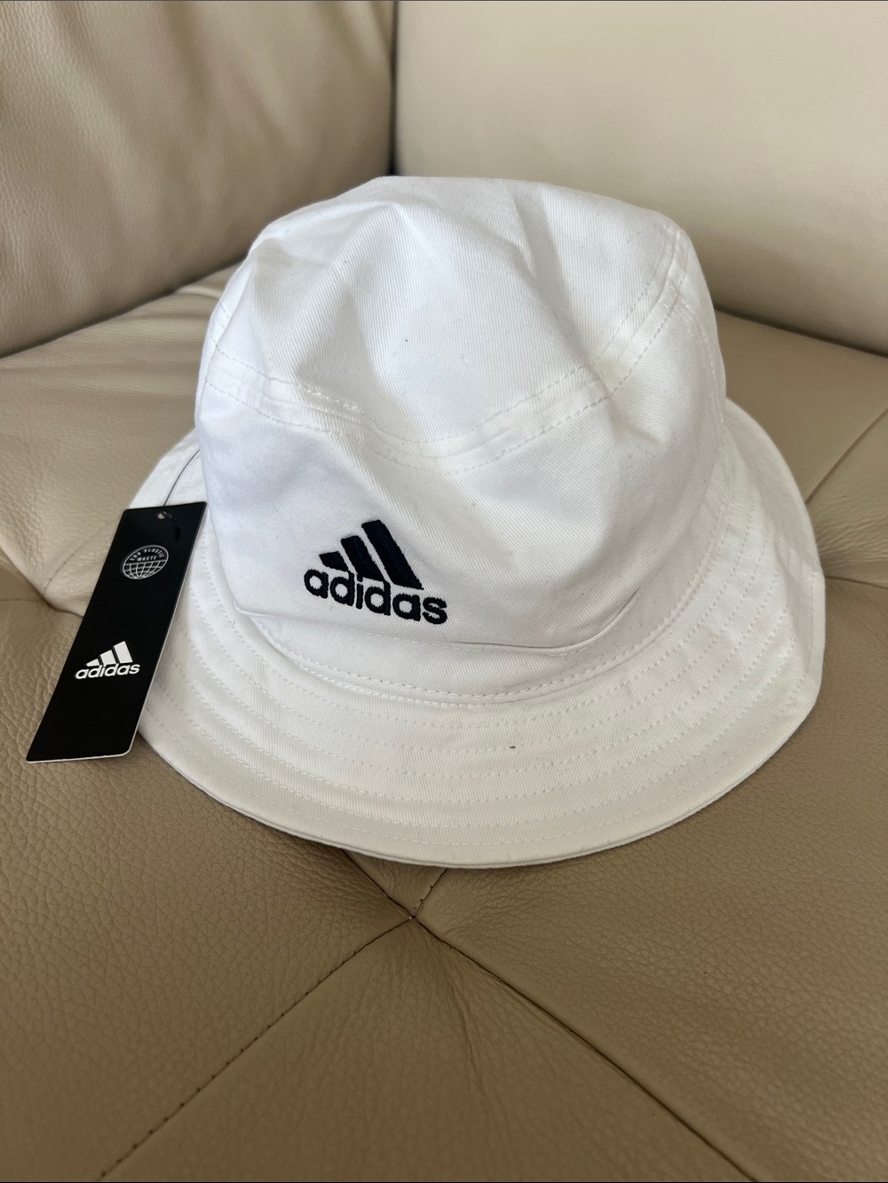 adidas White Bucket Hat with Black Logo Embroidery